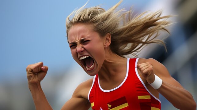 Triumphant female sprinter celebrating victory in track and field sprint race competition