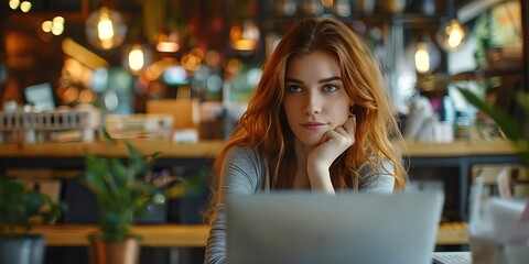 Young Thoughtful Woman Comparing Products on Online Stores in Cozy Cafe Workspace