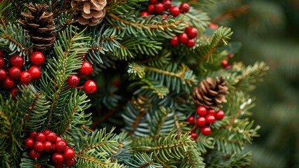 Festive wreath with pine cones and red berries