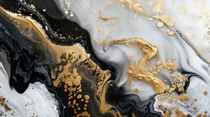 Abstract black and white art with golden paint &mdash; gold background with beautiful smudges, stains, stokes and smears made with alcohol ink. Gold fluid texture resembles oil painting, marble, stone.