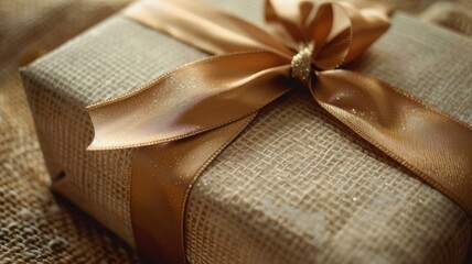 Beautifully wrapped gift box with shiny ribbon