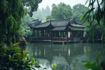 Naklejka premium Tranquil scene of traditional chinese architecture reflecting on a lake surrounded by lush greenery on a rainy day