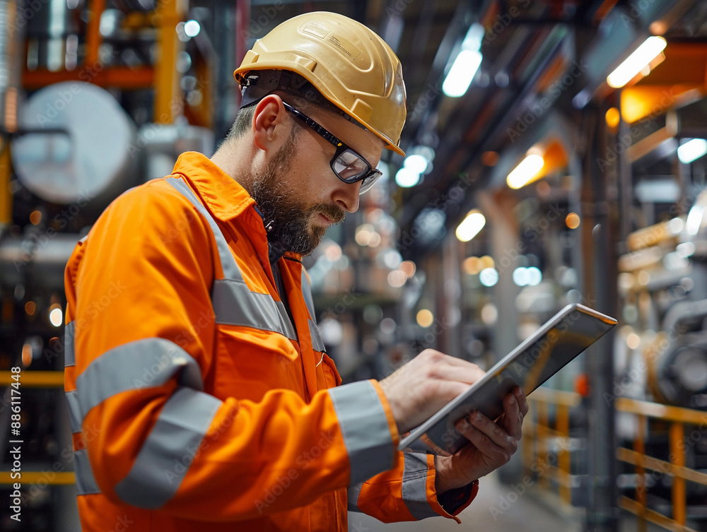 Aufkleber industrial worker using a tablet in a factory setting