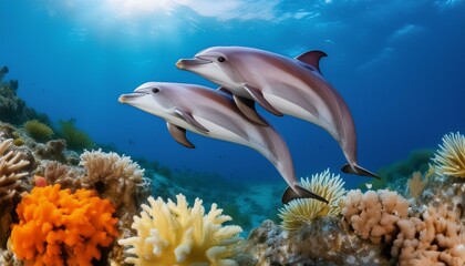 Obraz premium Dolphin Ocean Ballet: Dolphins Dancing Amid Vibrant Coral