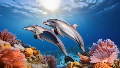 Fototapeta premium Dolphin Ocean Ballet: Dolphins Dancing Amid Vibrant Coral