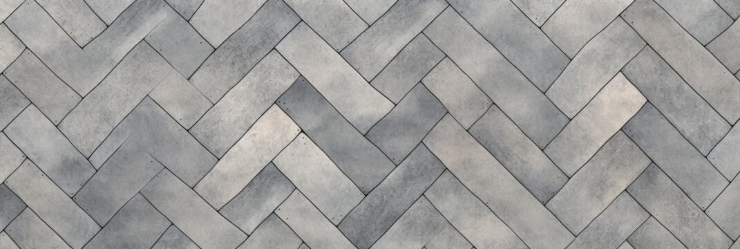 A close-up view of a herringbone pattern brick paver floor in a grey color