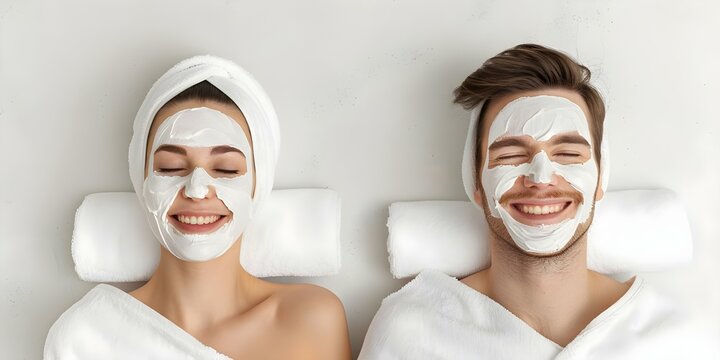 Couple relaxes with waterless selfcare spa day at home with skincare. Concept Selfcare Routine, Spa Day at Home, Skincare Practices, Relaxing Activities, Couples Wellness