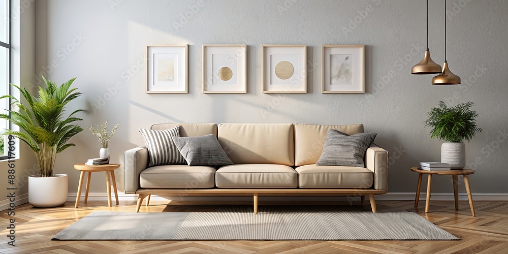 Sticker Sofa mockup in a cozy living room with blank wall for hanging pictures , sofa, living room, interior, mockup, wall, pictures