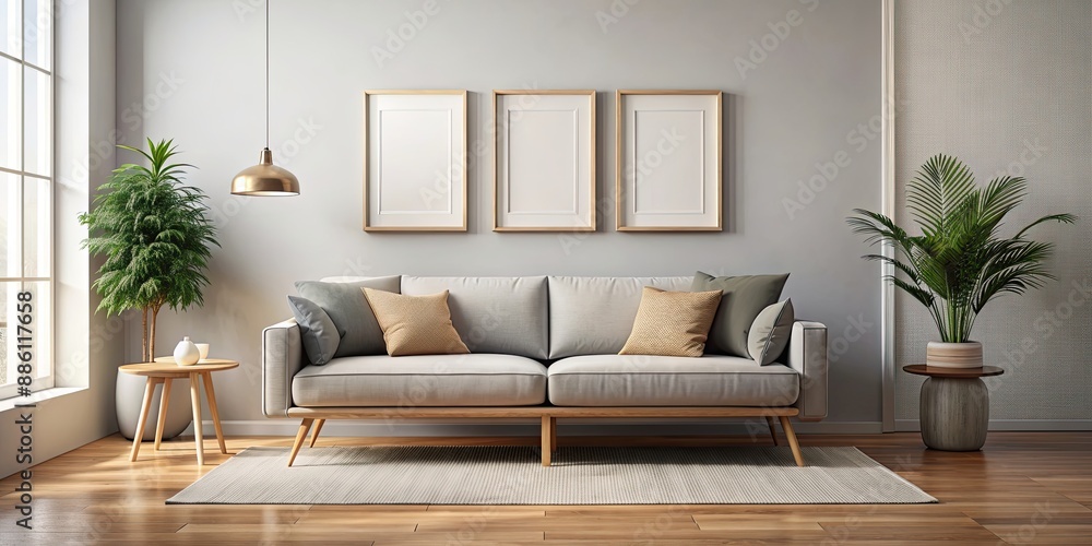 Wall mural Sofa mockup in a modern living room with a blank wall for hanging pictures, sofa, mockup, living room, wall, interior, modern, blank