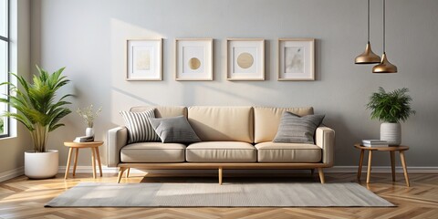Sofa mockup in a cozy living room with blank wall for hanging pictures , sofa, living room, interior, mockup, wall, pictures