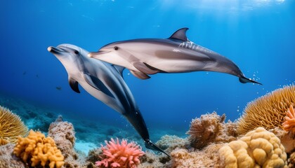 Fototapeta premium Dolphin Ocean Ballet: Dolphins Dancing Amid Vibrant Coral