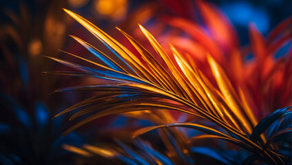 Fototapeta premium Vibrant tropical foliage bathed in colorful lighting, creating an exotic and lush garden with vibrant hues of red, yellow, and blue
