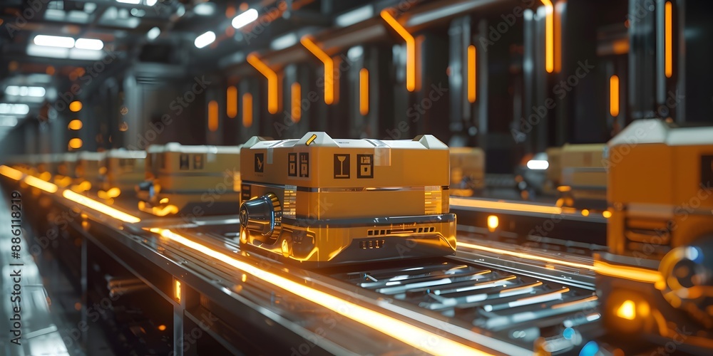 Poster automated warehouse fulfillment center with robotic package sorting on conveyor belt