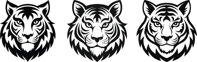 Three tigers on a white background with a black and white design