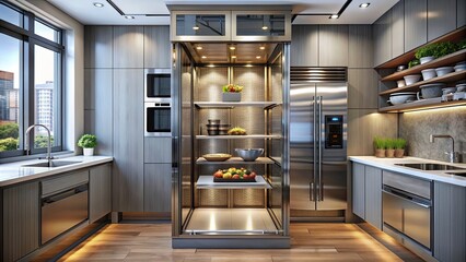 Dumbwaiter lift elevator in a luxurious kitchen for transporting food and goods, dumbwaiter, lift, elevator, kitchen