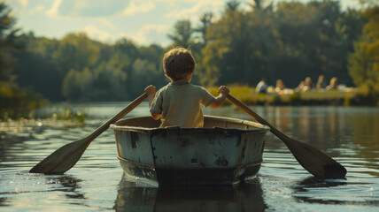 Young boy rowing a boat on a peaceful lake surrounded by nature.