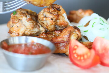 Close-up shot of a plate of food with a fork, ideal for use in recipes, cooking tutorials or advertising.