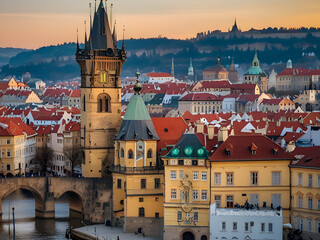 Obraz premium 체코 공화국 천문시계, 카를교, 건물, 대성당, an astronomical clock, a Karl bridge, a building, and a cathedral in the Czech Republic