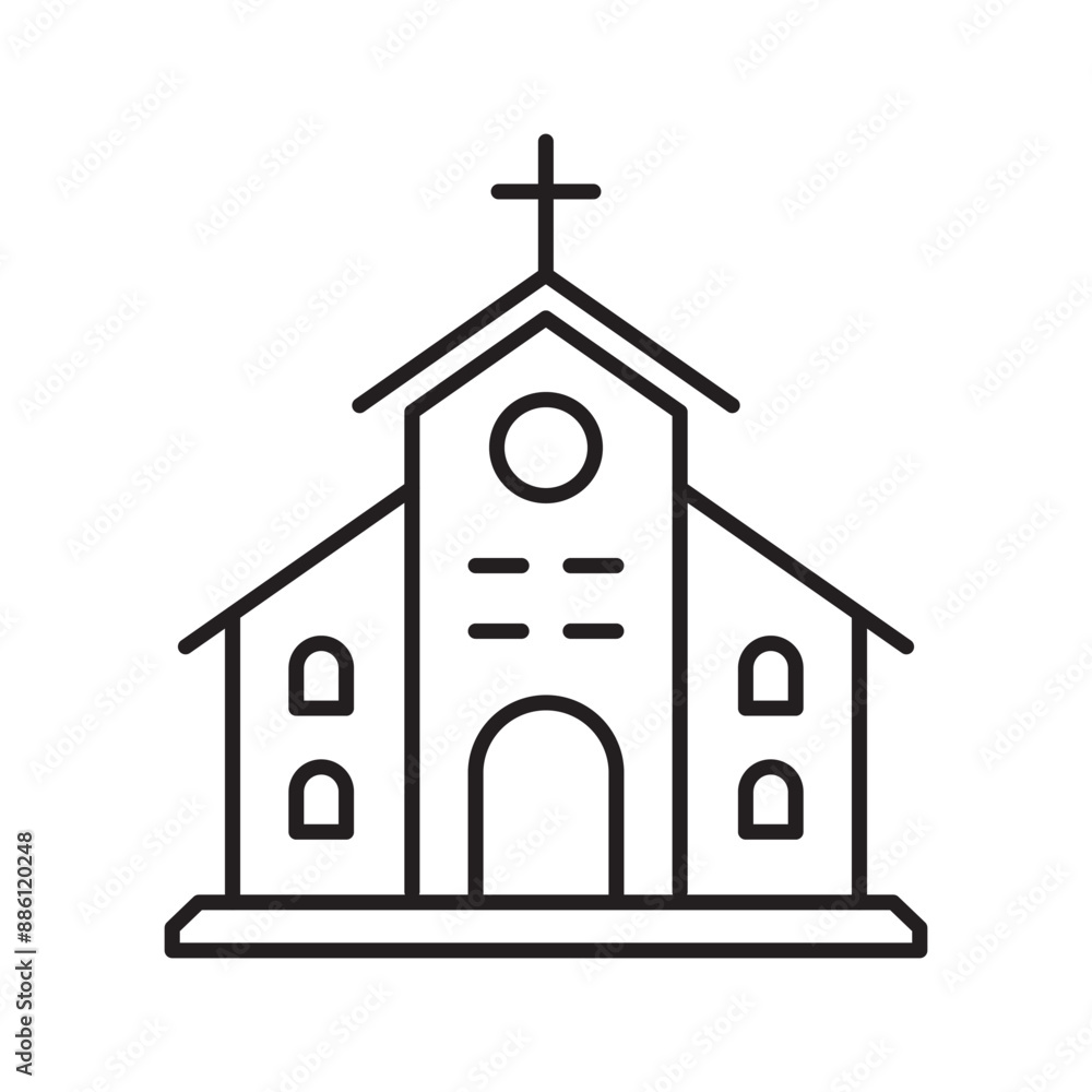 Poster church building flat line icon with a simple, modern line design, suitable for web and print use. ve
