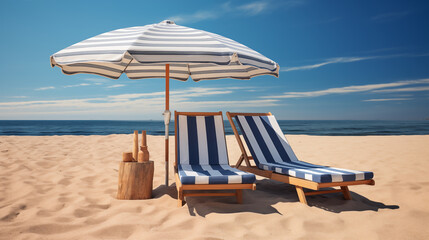 Obraz premium Set of navy sunbeds with wooden frames under an umbella on the beach front sunny day