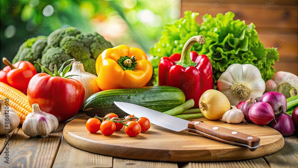 Poster Close-up of various vegetables on a cutting board with a knife in the background, tomato, potato, mushrooms, carrots