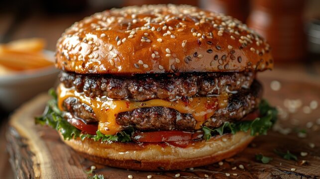 High-definition capture of a gourmet burger with visible layers and melting cheese, set against a rustic background