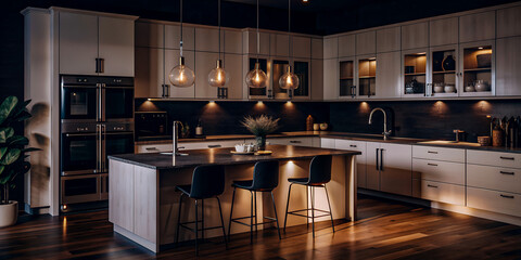 Luxurious kitchen with dark cabinetry, modern lighting, and sleek countertops, creating a sophisticated and inviting atmosphere.