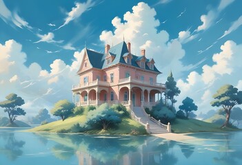 Obraz premium A beautiful home with intricate details placed on a piece of paper, the paper flying and floating in the air, 
