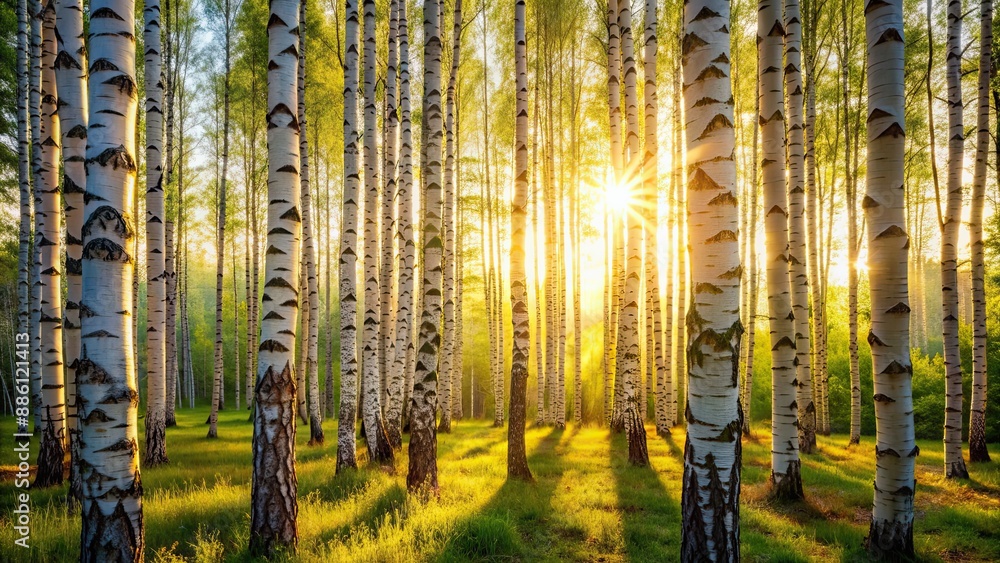 Poster Birch tree forest view with sunlight filtering through the leaves, Birch, Trees, Forest, Woods, Nature, Scenic, Landscape