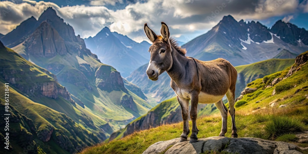 Poster A donkey standing majestically in the mountains , donkey, mountains, landscape, scenery, animal, nature, wild, outdoors, serene