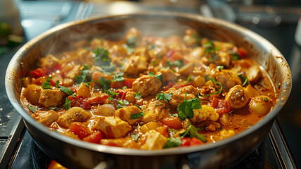 Steaming hot chicken curry with vegetables in a pan on the stove.