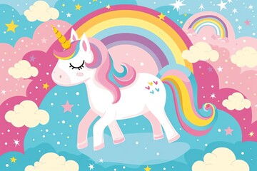 Fototapeta premium Cute unicorn with rainbow and stars on blue background.