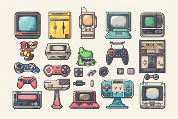 Pixel art retro gaming icons, including consoles, controllers, characters and tv's.