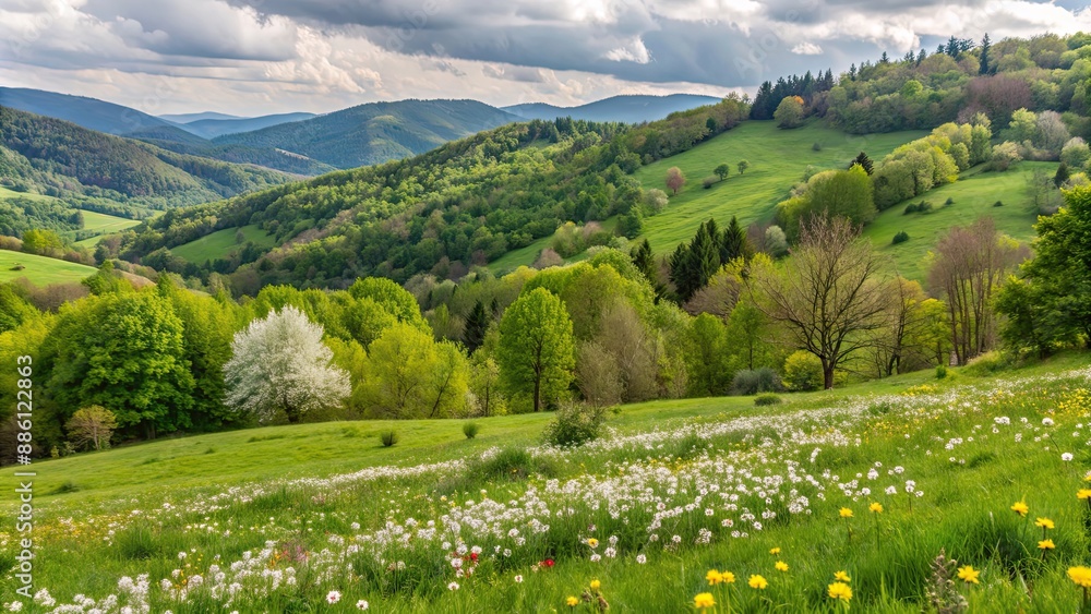 Wall mural Idyllic landscape of the spring Carpathians with blooming flowers and lush greenery, Carpathian Mountains, spring