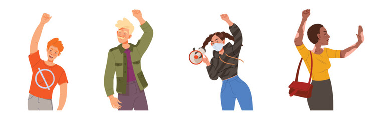 Protesting People Character at Demonstration or Strike Vector Set