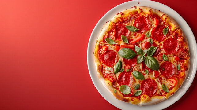 Plate of pizza on a solid-colored desk, shot from above.
