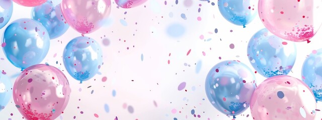 Boy or girl. Gender reveal illustration. Background with blue and pink balloons. Template for party invitation, banner, poster.