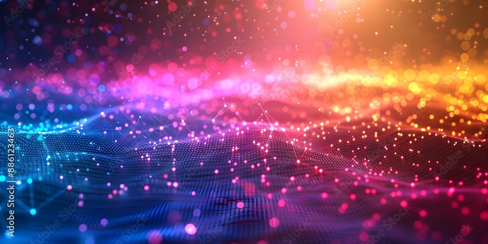 Poster vibrant digital network diagram with interconnected nodes and data streams showcasing complex techno