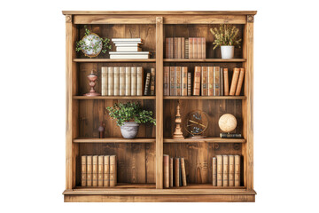 Amezing wooden book shelve with variety of books isolated on transparent background
