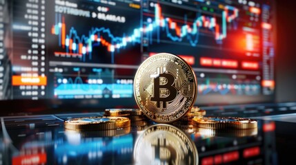 Fototapeta premium Crypto and bitcoin exchange traded fund or spot price ETF funds application gets approved and listed for institutions investment on stock exchanges concept as wide banner design with information data