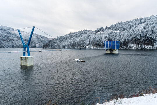 Sance dam in winter Moravskoslezske Beskydy mountains in Czech republic