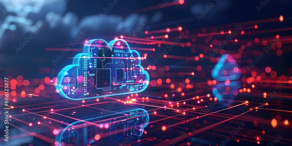 Poster seamless cloud computing interface with synchronized data across devices for modern business technol