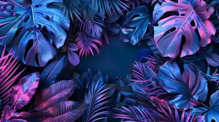 Tropical leaves arranged in a circular pattern with fluorescent blue and purple hues, minimalist and colorful,