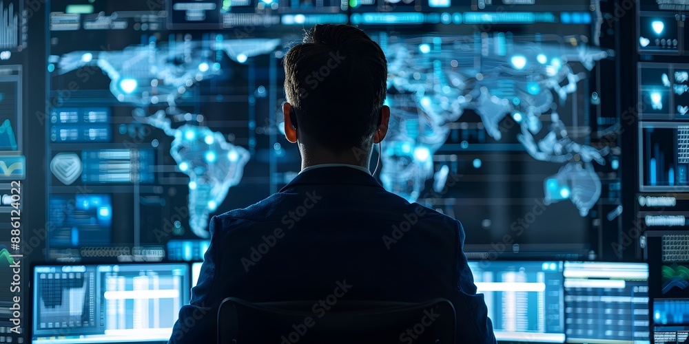 Poster cybersecurity expert analyzing threat data vigilant digital interface for secure business communicat