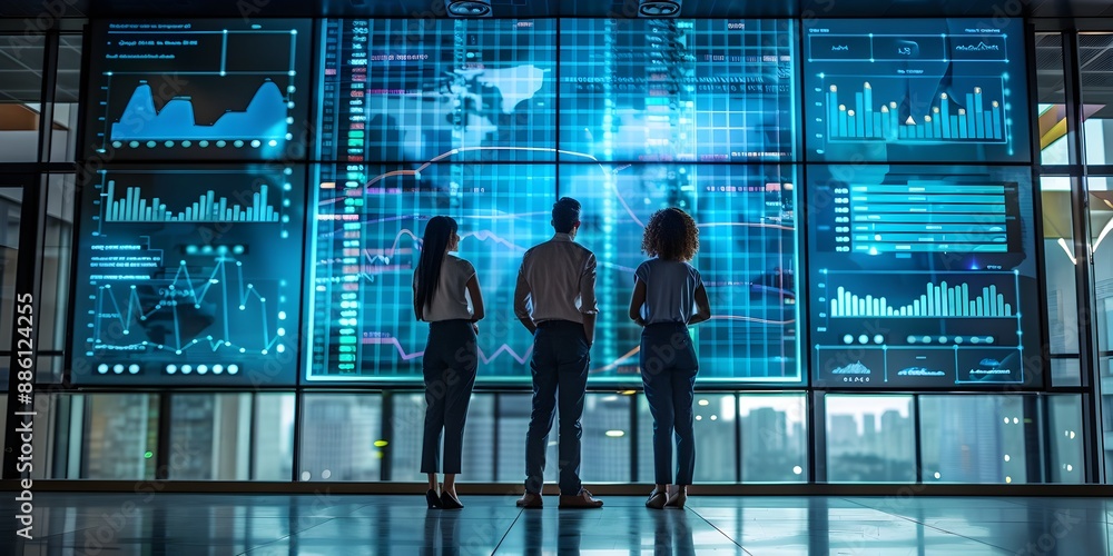 Poster business executives analyzing big data on digital screens for data driven decision making