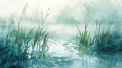 An early morning watercolor landscape featuring a foggy marshland, with delicate reeds and water plants in soft greens and blues emerging from the mist.
