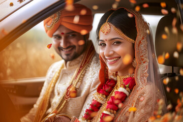 Obraz premium Newly- wed Indian ethnic Bride and Groom wearing traditional costumes and jewellery sitting inside a car 