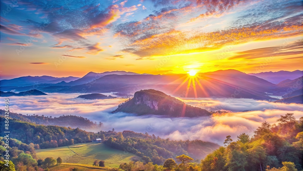 Wall mural Magical sunset over a mystical mountain valley with a light haze , Sunset, highlands, magical, view, mountain, valley