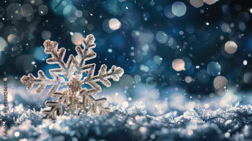 Poster close-up of snowflake on ice, with bokeh lights in background