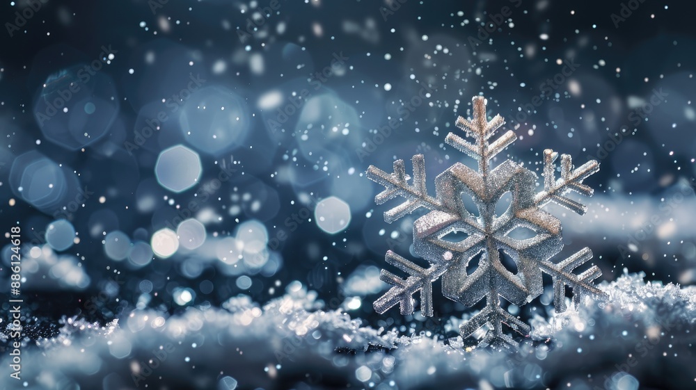 Poster close-up of snowflake with blurred lights in background